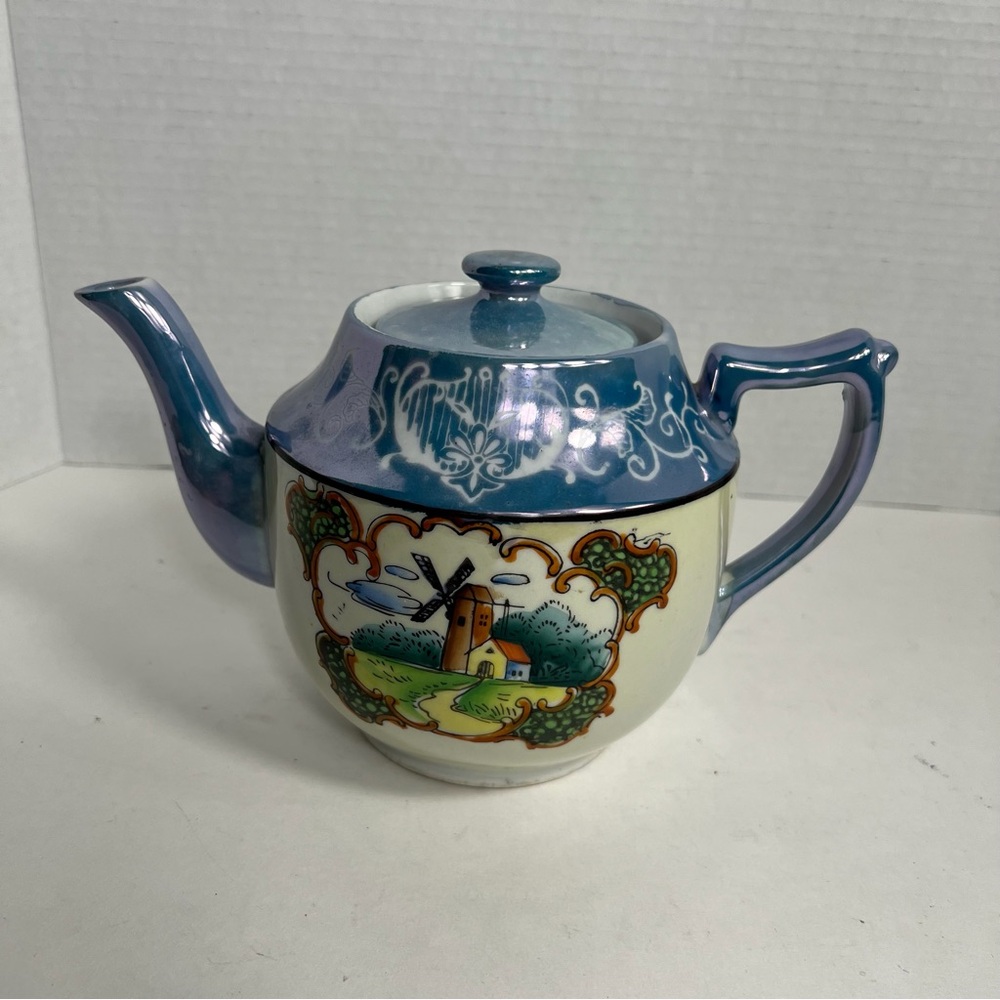 Vintage Lusterware Teapot Windmill Scene Blue Cream Ceramic Collectible Japan